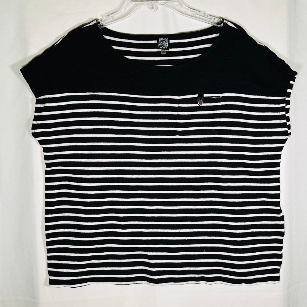 Anne Klein Sport Black and White Striped Short Sleeve Soft Shirt Womens XL